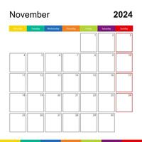 novembro 2024 colorida parede calendário, semana começa em segunda-feira. vetor