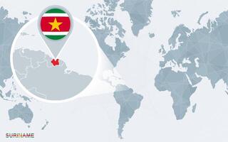 mundo mapa centrado em América com ampliado suriname. vetor
