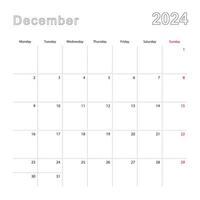 simples parede calendário para dezembro 2024 com pontilhado linhas. a calendário é dentro inglês, semana começar a partir de segunda-feira. vetor