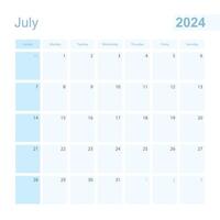 2024 Julho parede planejador dentro azul cor, semana começa em Domingo. vetor