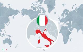 mundo mapa centrado em América com ampliado Itália. vetor