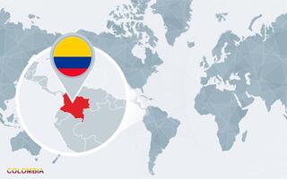 mundo mapa centrado em América com ampliado Colômbia. vetor