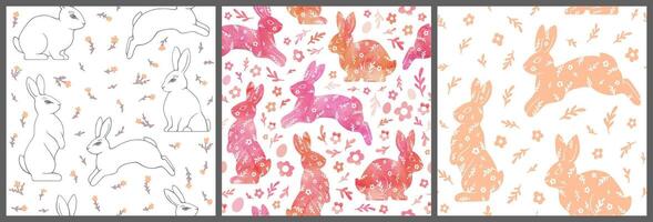 feliz Páscoa conjunto do desatado padrões com coelhos, flores, e ovos. delicado aguarela ilustração. vetor