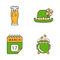 Conjunto de ícones de cores do dia de São Patrício. festa de st. patrick. copo de cerveja, chapéu-coco com trevo de quatro folhas, data do calendário 17 de março, pote de ouro. ilustrações vetoriais isoladas vetor