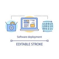 ícone do conceito de implantação de software. configuração e suporte de aplicativos. instalação do programa, configuração, ilustração de linha fina da ideia de teste. desenho de contorno isolado do vetor. curso editável vetor