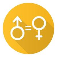 ícone de glifo sombra longa design plano amarelo de igualdade de gênero. direitos humanos da mulher e do homem. feminino, signo masculino. feminismo, democracia. relacionamento justo. tolerância. ilustração da silhueta do vetor