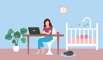 mãe trabalha em casa remotamente com laptop. bebê dormindo no berço. jovem trabalhando e sentado à mesa. ilustração em vetor plana