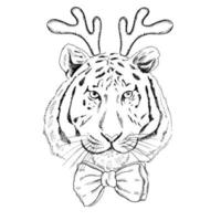 retrato desenhado à mão de um tigre de ano novo com chifres de veado e uma gravata borboleta em volta do pescoço. ilustração vetorial. esboço de linha vintage. ilustração de natal. vetor