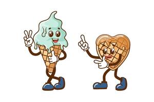 retro mascotes dentro desenho animado estilo.gelo creme e waffle. engraçado sobremesa mascote dentro retro estilo para cafeteria. nostalgia do a anos 60, anos 70, anos 80 vetor