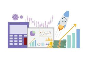 comece sinfonia com calculadora, quadro branco, foguete, dinheiro, moedas e o negócio crescimento gráficos vetor