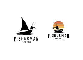 pescador dentro barco logotipo Projeto. vintage pescaria logotipo Projeto vetor