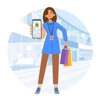 elegante mulher às Shopping mostrar conectados Móvel aplicativo em telefone compras roupas loja fazer compras vetor