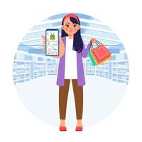 elegante mulher às Shopping mostrar conectados Móvel aplicativo em telefone compras roupas loja fazer compras vetor