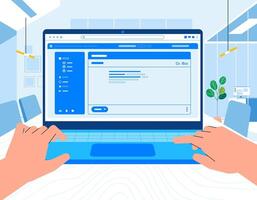 o negócio mãos digitando computador portátil teclado navegador em tela às encontro escrivaninha vetor