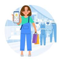 elegante mulher às Shopping mostrar conectados Móvel aplicativo em telefone compras roupas loja fazer compras vetor