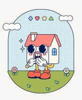 casa retro personagem mascote vintage na moda mão desenhar engraçado rabisco quadrinho coleção vetor