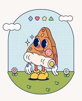 pizza retro personagem mascote vintage na moda mão desenhar engraçado rabisco quadrinho coleção vetor