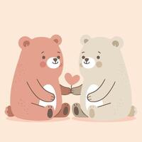 fofa adorável desenho animado plano vetor estilo animal personagem bebê Urso de pelúcia Urso boneca casal dando presente vermelho coração forma amor dentro meio, feliz namorados dia ilustração, cumprimento cartão feriados aniversário festa