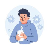 doente homem bebendo quente bebida, frio clima vetor ilustração