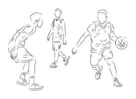 conjunto do pessoas jogando basquetebol linha arte ilustração vetor