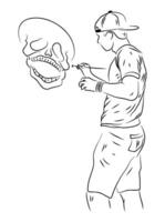 linha arte ilustração do artista desenhando crânio às parede vetor