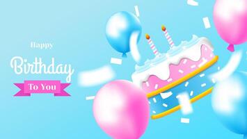 feliz aniversário cartão com bolo, balões, confete e triângulo decoração dentro azul, branco e Rosa cor. vetor ilustração