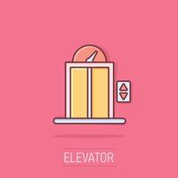 ícone do elevador em estilo cômico. levante a ilustração vetorial dos desenhos animados em fundo branco isolado. conceito de negócio de efeito de respingo de transporte de passageiros. vetor