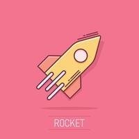 ícone de foguete em estilo cômico. ilustração em vetor desenho animado de lançamento de nave espacial em fundo branco isolado. conceito de negócio de efeito de respingo de sputnik.