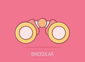 ícone binocular em estilo cômico. pesquisa ilustração vetorial dos desenhos animados sobre fundo branco isolado. conceito de negócio de efeito de respingo de zoom. vetor