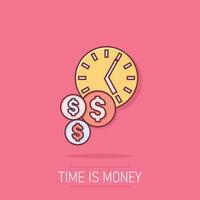 Tempo é dinheiro ícone dentro quadrinho estilo. projeto gestão desenho animado vetor ilustração em isolado fundo. data limite respingo efeito o negócio conceito.