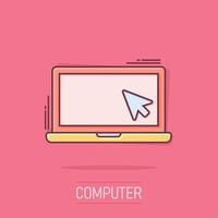 ícone de computador portátil em estilo cômico. cursor na ilustração em vetor notebook cartoon sobre fundo branco isolado. monitore o conceito de negócio de efeito de respingo.