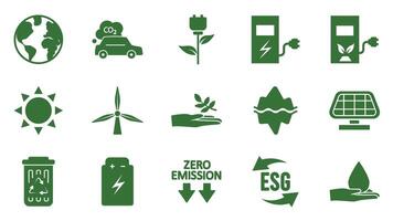 ícone coleção com zero emissões esg símbolo conceito. estufa gás carbono crédito Projeto definir. proteger ecológico verde vetor glifo. carbono internet zero neutro natural. carbono pegada arte pictograma