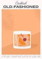 velho formado coquetel em a pedras guarnição, enfeite, adorno com laranja fatia e marasquino cereja. uísque com gelo aperitivo tropical vertical poster. minimalista na moda alcoólico bebida. vetor ilustração.