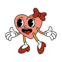 a coração é uma Rosa em forma de coração personagem com uma arco. uma sincero personagem dentro retro desenho animado estilo. a conceito do dia dos namorados dia. plano vetor ilustrações em uma branco rabisco fundo. menina