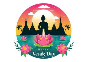 vesak dia celebração vetor ilustração com têmpora silhueta, lótus flor, lanterna ou Buda pessoa dentro feriado plano desenho animado fundo