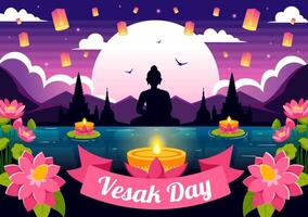 vesak dia celebração vetor ilustração com têmpora silhueta, lótus flor, lanterna ou Buda pessoa dentro feriado plano desenho animado fundo