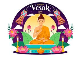 vesak dia celebração vetor ilustração com têmpora silhueta, lótus flor, lanterna ou Buda pessoa dentro feriado plano desenho animado fundo