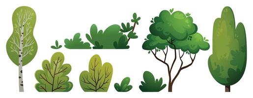 verde árvores e arbustos definir. floresta, jardim, ou parque panorama plantas. coleção do Primavera ou verão vegetação vetor ilustrações. desenho animado plantas coleção para bandeiras, cartões, capas, rede Projeto.