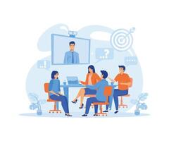 o negócio equipe às a vídeo conferência ligar dentro sala de reuniões. conectados encontro com CEO, Gerente ou diretor. plano vetor moderno ilustração