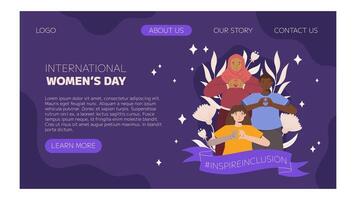 iwd inspirar inclusão campanha, internacional mulheres dia 2024 aterrissagem página modelo características uma diversidade do mulheres fazer coração gesto com seus mãos. vetor mão desenhado ilustração dentro plano estilo.