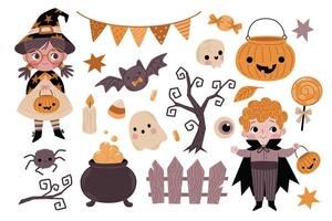 dia das Bruxas elementos conjunto outono, trajes, crianças, doces vetor