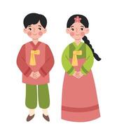 menina e Garoto dentro coreano tradicional fantasias vetor