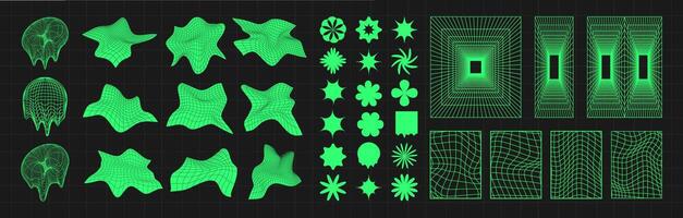 cyber distorcido grade, punk perspectiva retangular túneis e ano 2000 psicodélico elementos definir. rede geometria túnel, elementos em Preto fundo. na moda futurista vetor ilustração.