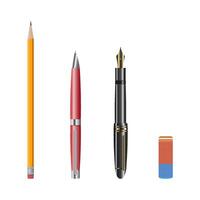 vetor lápis, gel caneta, fonte caneta e borracha em uma branco fundo. uma conjunto para desenho.