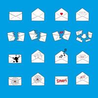uma ampla conjunto do envelopes ícones dentro desenhado estilo. aberto e fechadas cartas. esvaziar e cheio envelopes. vetor