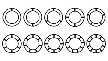 conjunto do diferente círculos torta gráficos diagramas. vários setores dividir a círculo para dentro igual peças. vetor