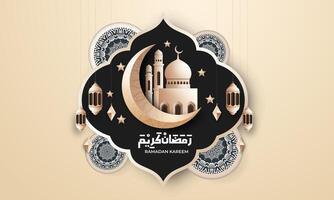 realista Ramadã fundo com mesquita, lanterna, para bandeira, cumprimento cartão vetor