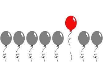 um conjunto de balões cinza isolado no fundo branco. há um vermelho no grupo que flutua mais alto que o outro. conceito sobre ideia, pensamento, criativo, diferente e autoconfiança. vetor