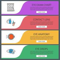 Conjunto de modelos de banner da web de oftalmologia. gráfico de landolt, lentes de contato, anatomia dos olhos, gotas. itens de menu de cores do site. conceitos de design de cabeçalhos de vetor