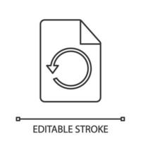 restaurar o ícone linear da página. arquivo com sinal de recarga. ilustração de linha fina. sincronização de dados. documento com a seta do círculo. símbolo de contorno. desenho de contorno isolado do vetor. curso editável vetor